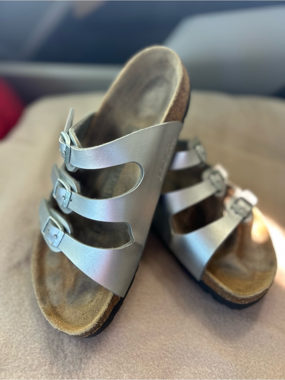 Birkenstock Florida Metallic Silver Triple-Strap Womens slide Sandals size 7(38)
